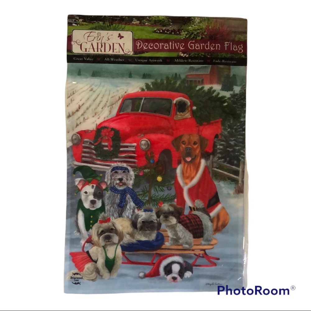 Erins Garden Holiday Dogs Red Truck Decorative Garden Flag NWT